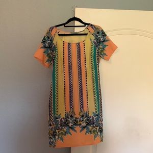 /method orange black white green colorful spring dress.